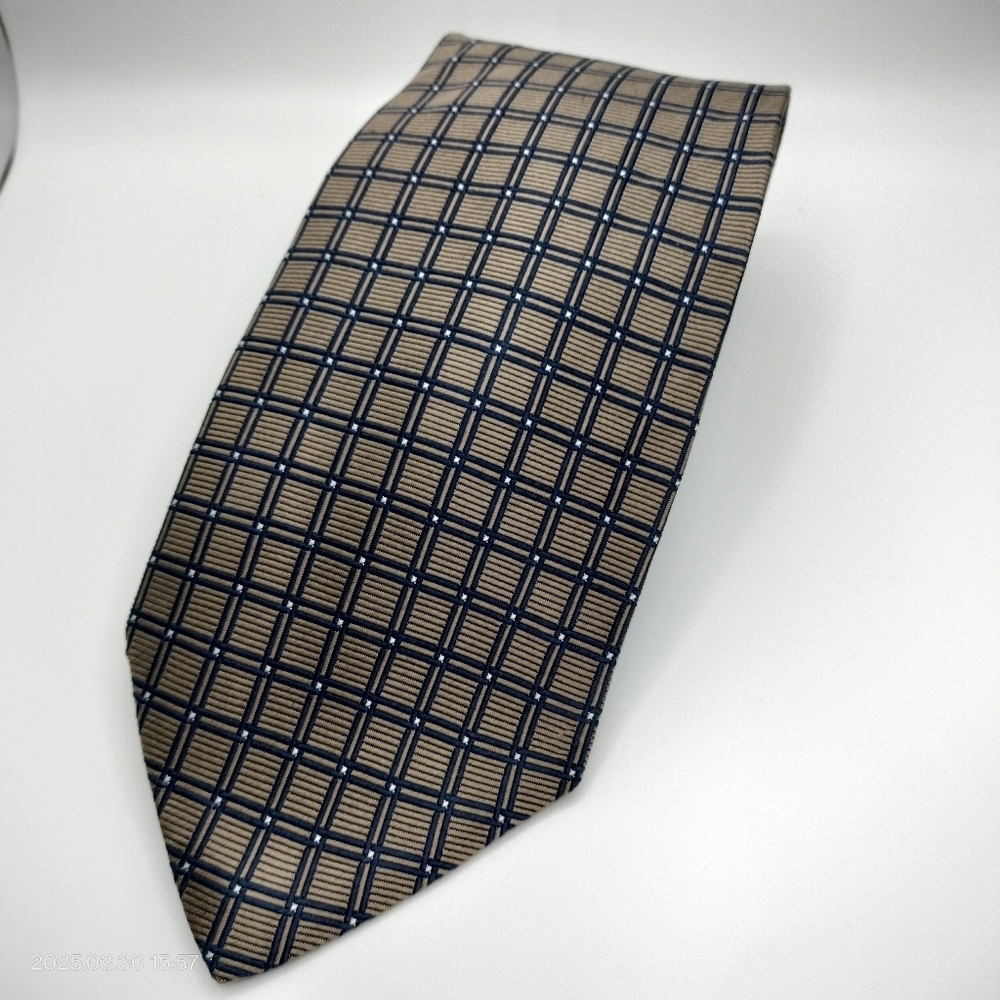 Brooks Basic Tie Necktie Square Geometric Taupe Blue Made In USA Formal Classic